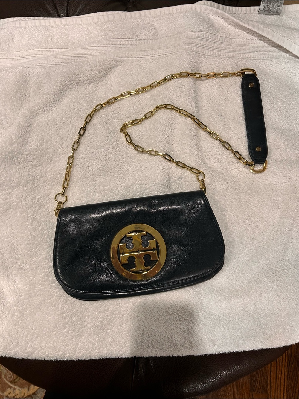 Tory Burch Black Leather Crossbody with Gold Logo Chain